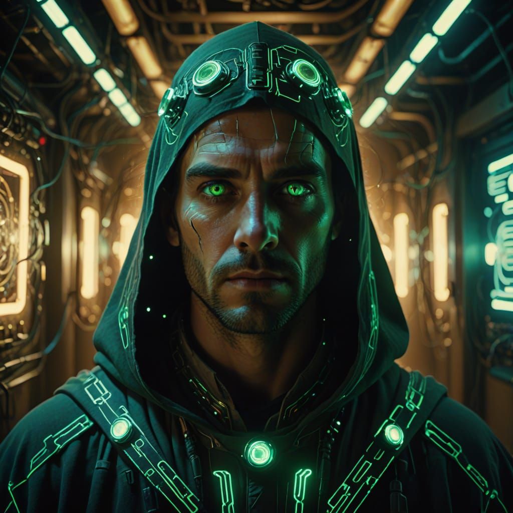 Technomancer with Glowing Eyes in Cyberpunk Style