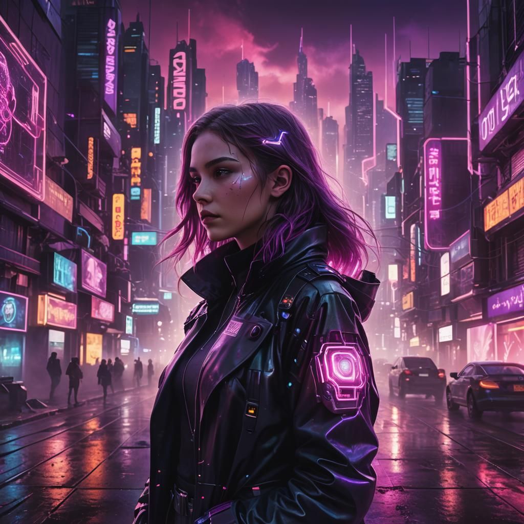 Futuristic Girl in Cybernetic Cityscape: Art Nouveau Style