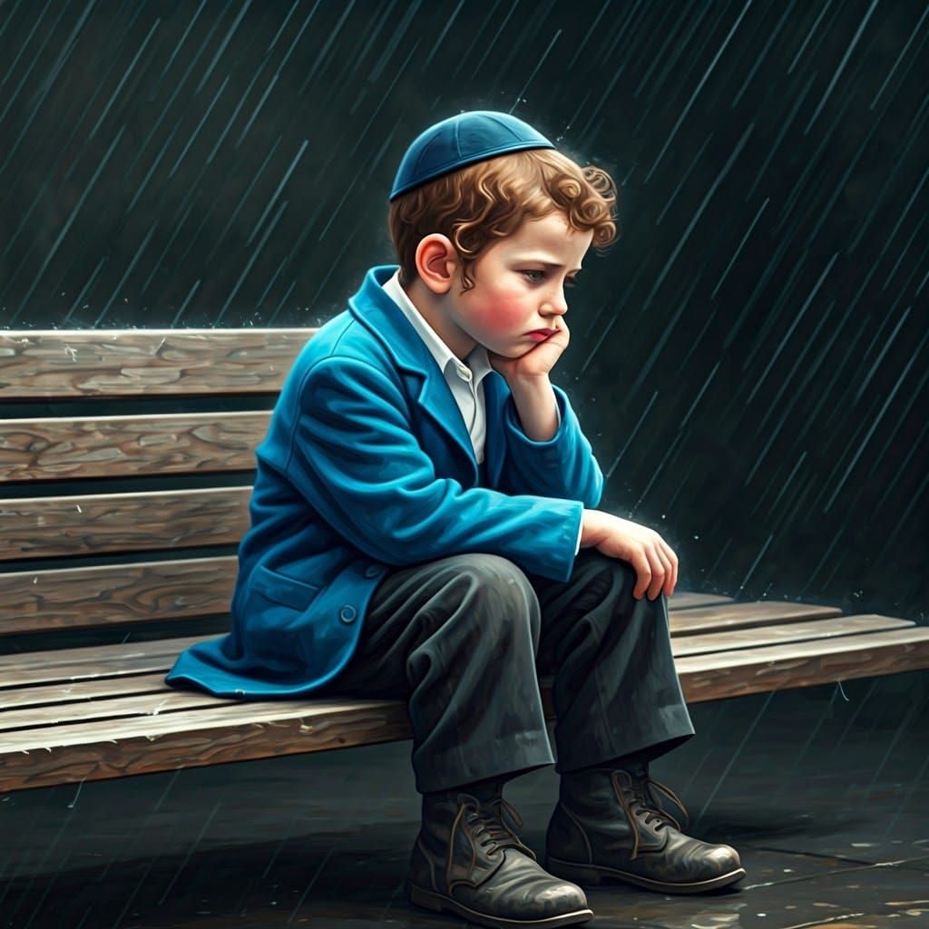 Young Hasidic Boy Lost in Thought on a Rainy Day