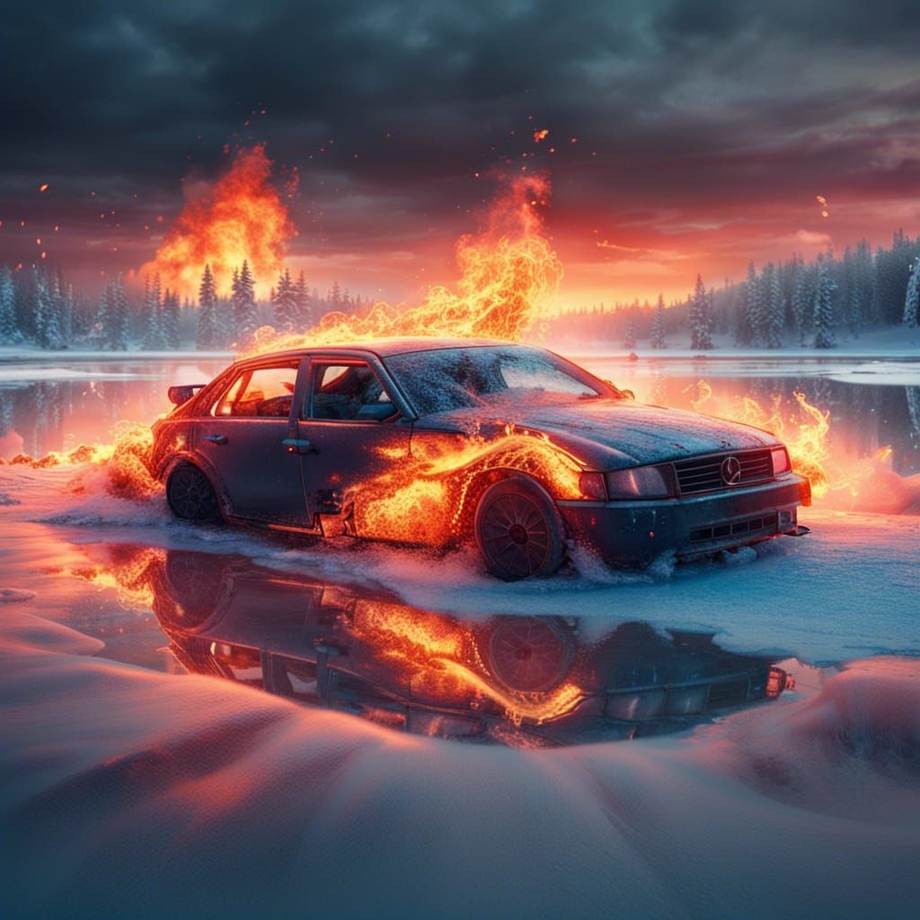 Burning Car on Frozen Lake: Detailed Matte Painting