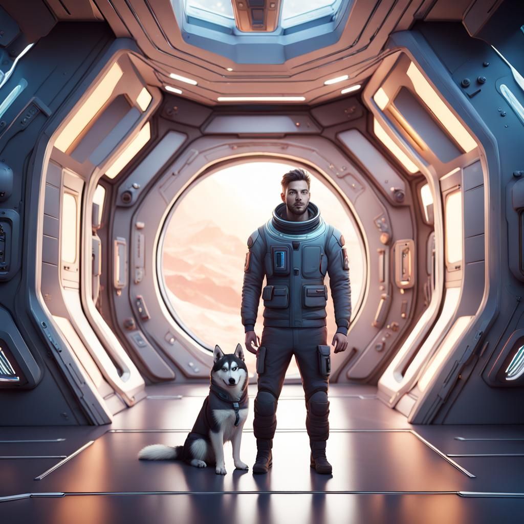 Man and Husky in Space Pod: Detailed Matte Painting