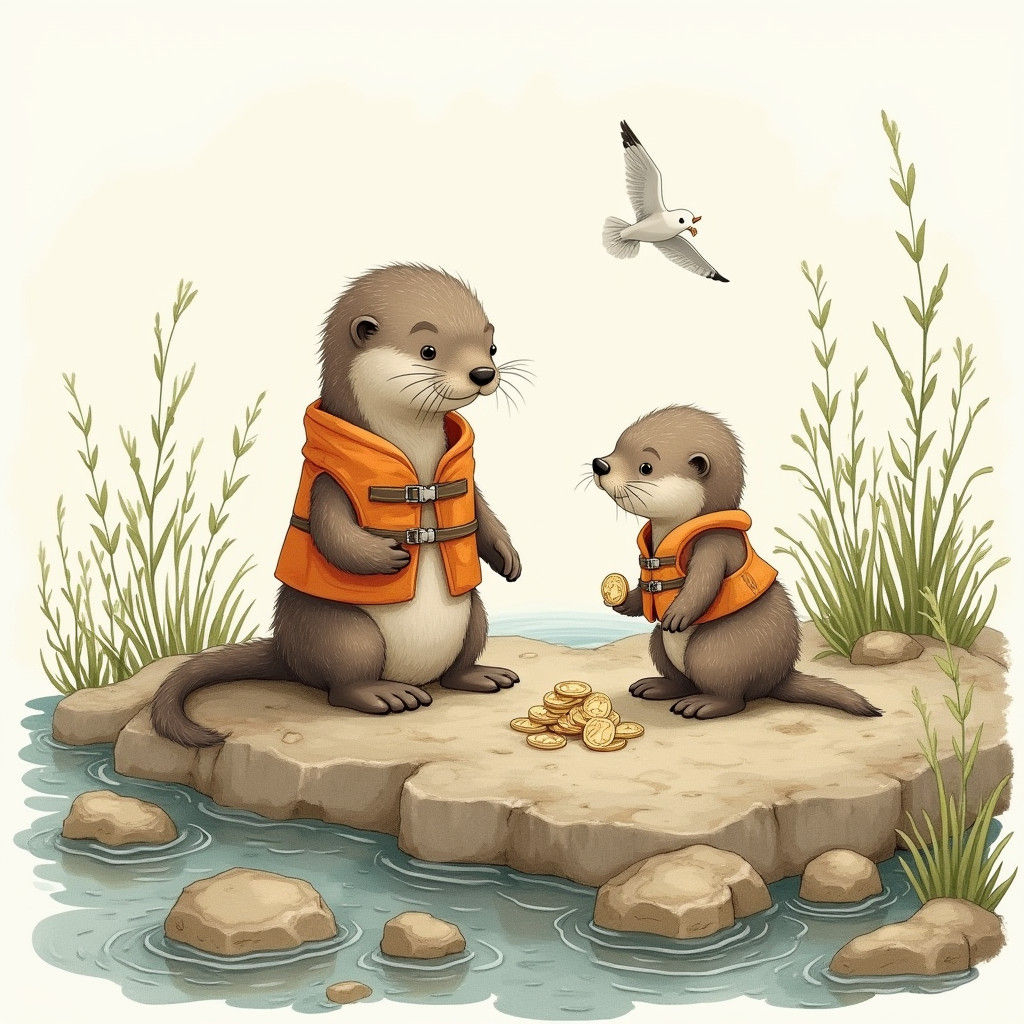Sea Otter Learns About Saving Money: Aquarell Illustration