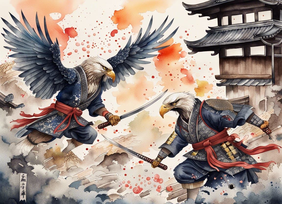 Eagles in Samurai Costume Battle: Watercolor Art