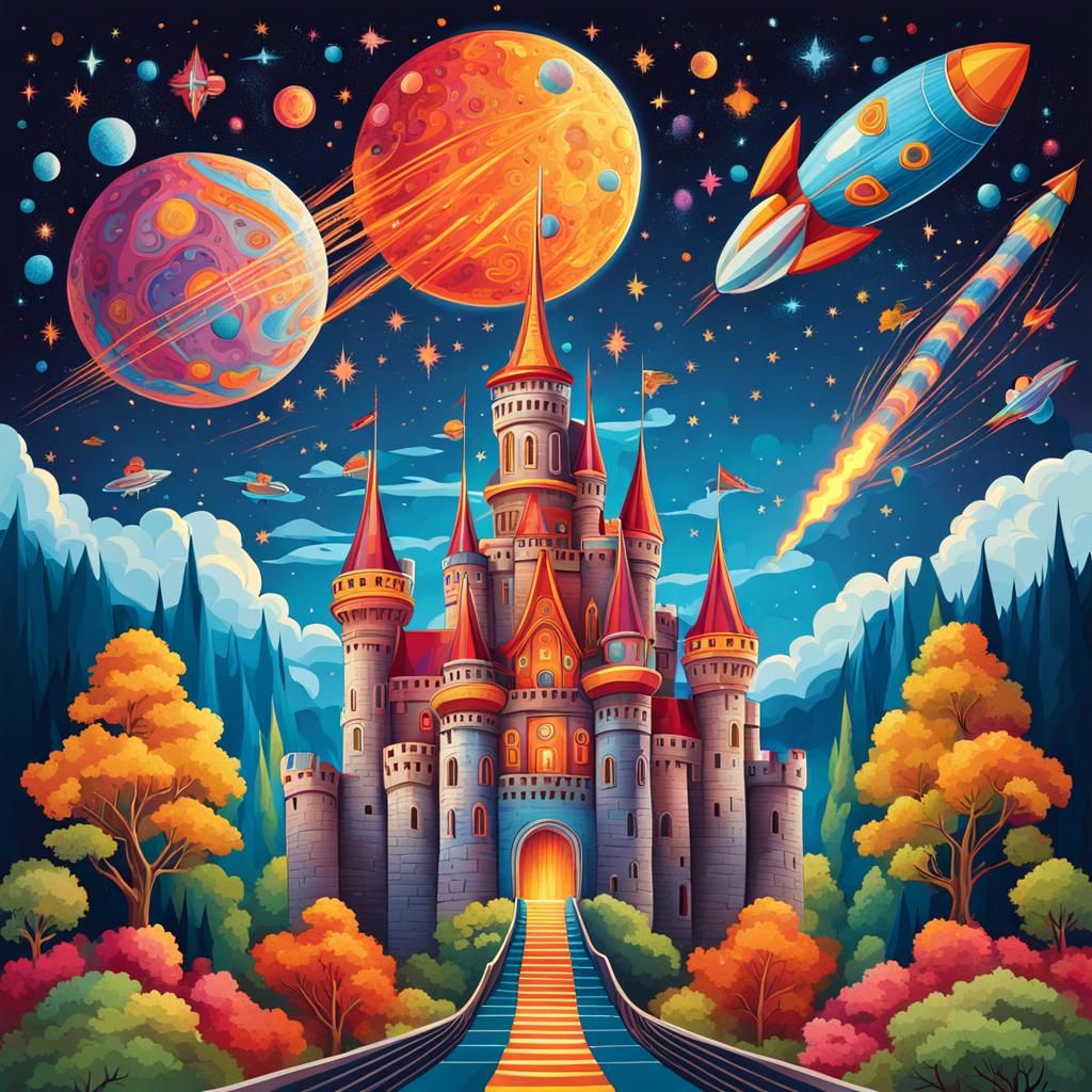 Rocket Flying Over Castle: Colorful and Detailed