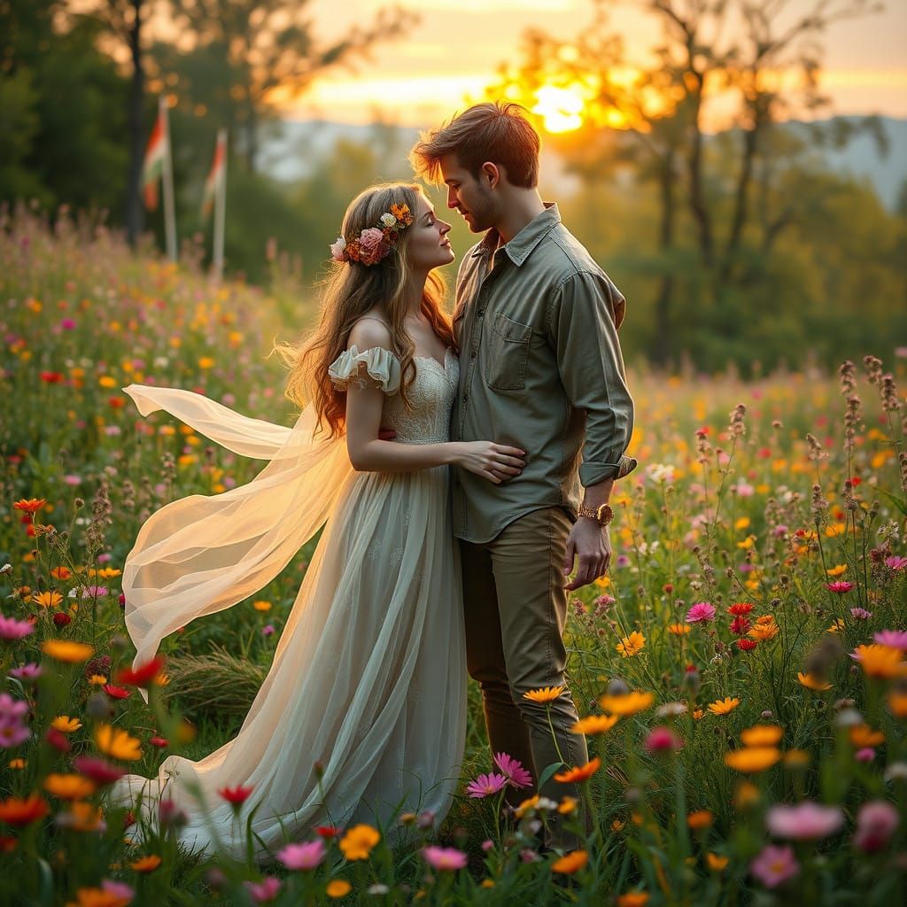 Whimsical Sunrise Lovers in Vibrant Meadow