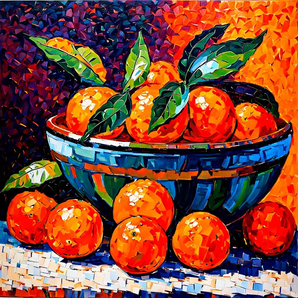 Oranges Still Life: Neo-Impressionist Impasto Oil Painting