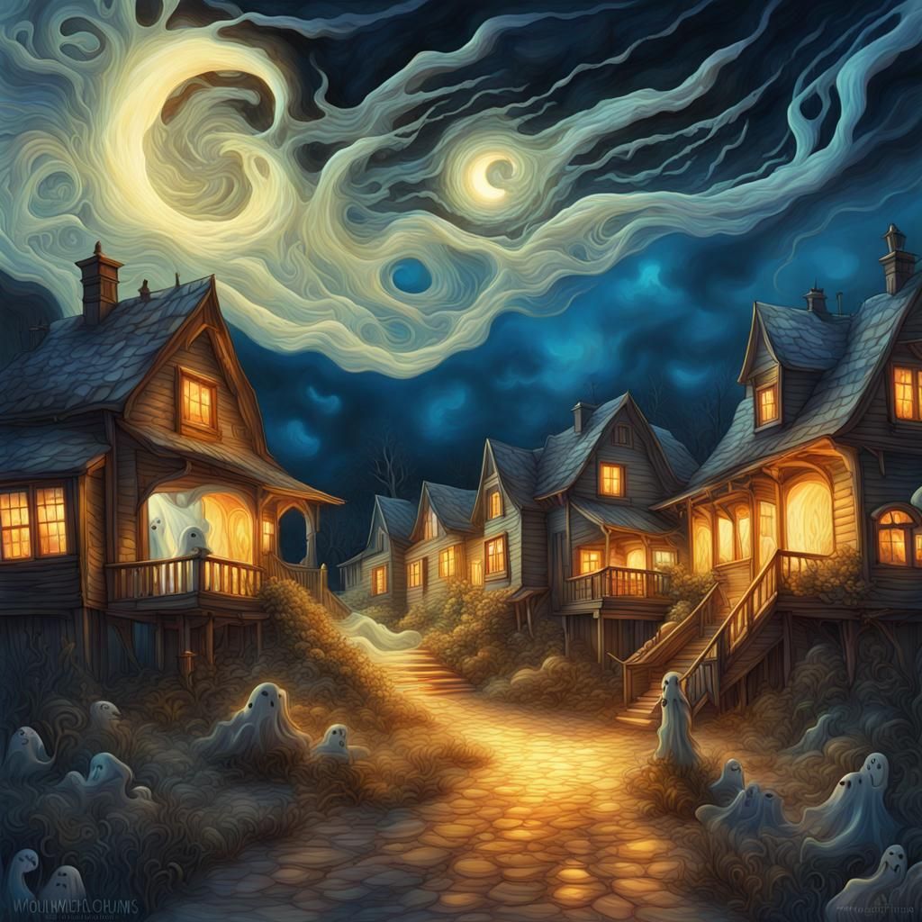 Eerie Ghosts in a Countryside Village at Night