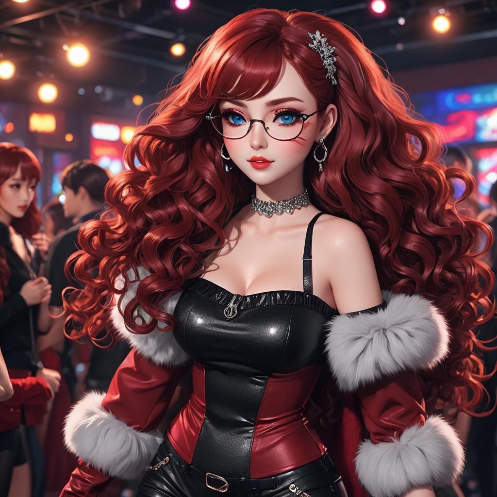 Anime Girl in Red Fur Coat, 3D Render