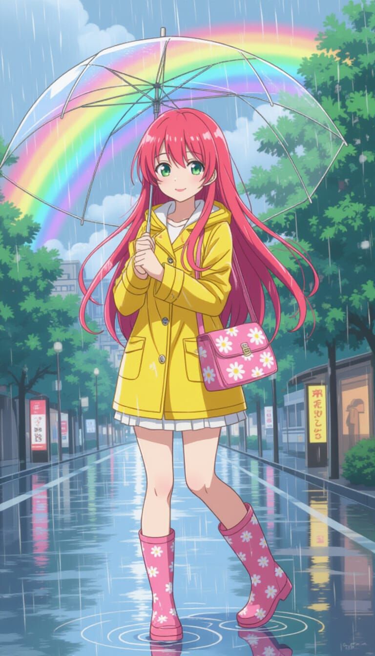 Woman in Yellow Raincoat Playing in Tokyo Rain