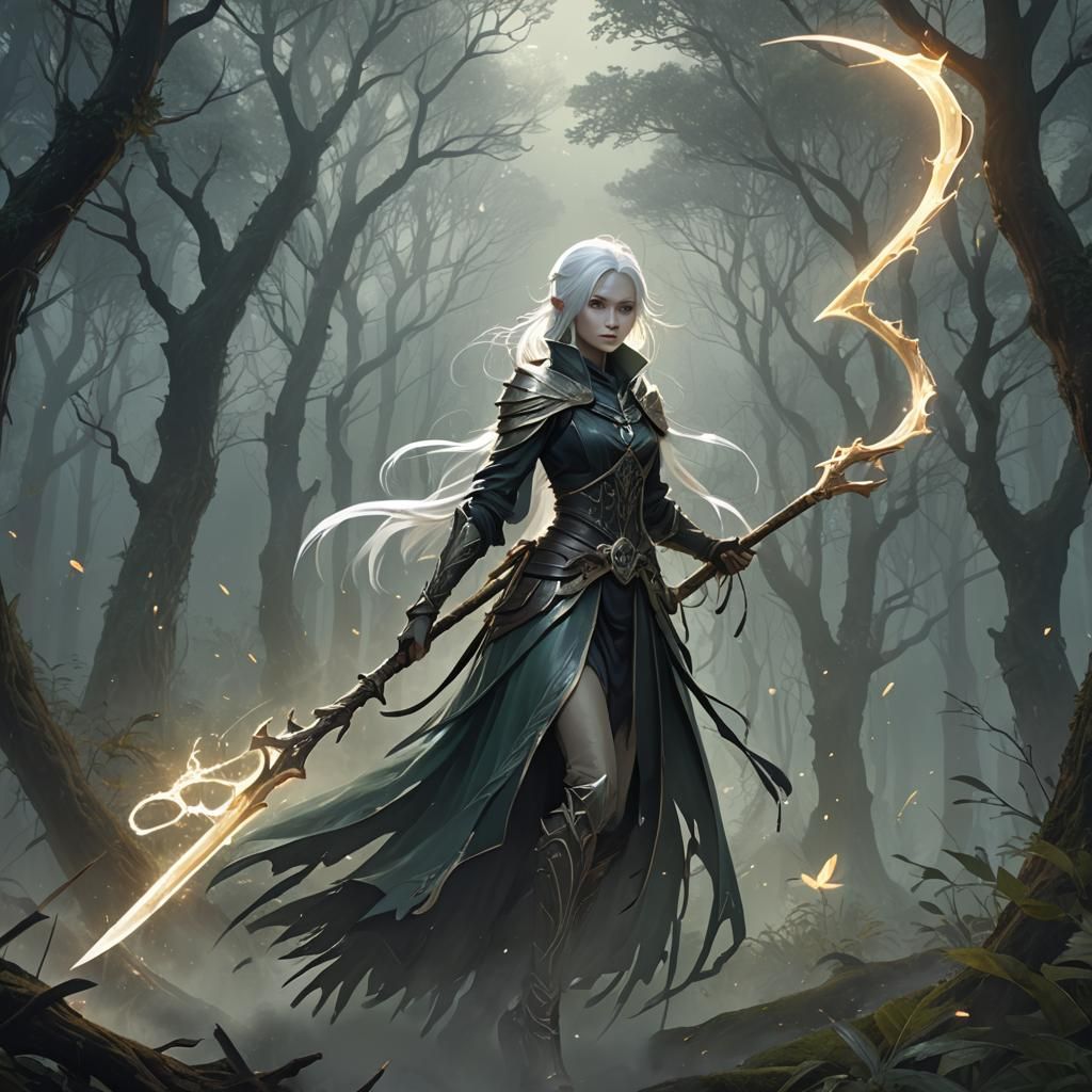 Anime Changeling with Scythe in Mystical Forest
