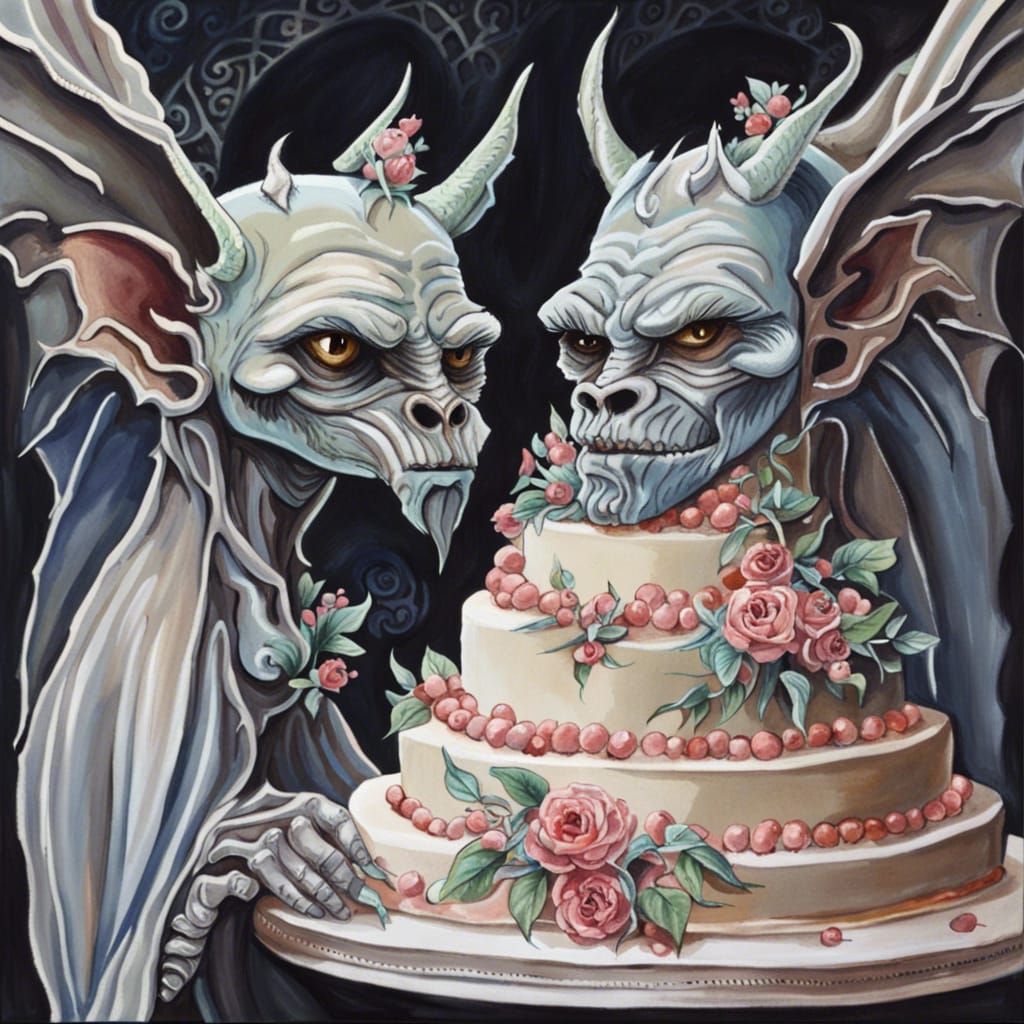 Gargoyle Wedding Cake: Detailed Gouache Painting