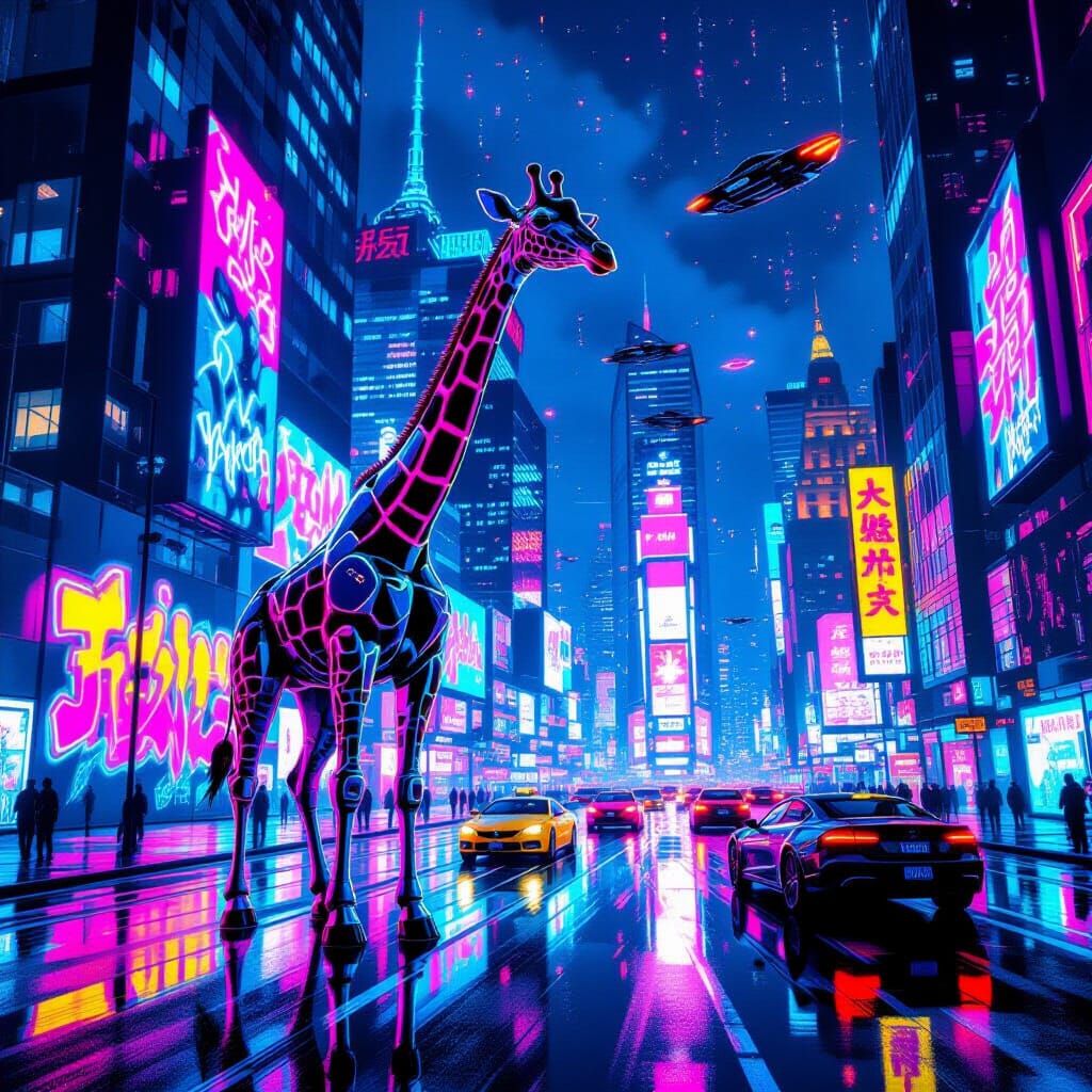 Chrome Giraffe Robot Painting Neon Graffiti Cityscape