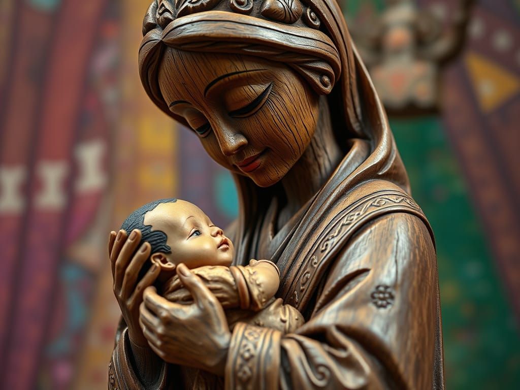 Wooden Mother and Child Carving in Hyperrealistic Style