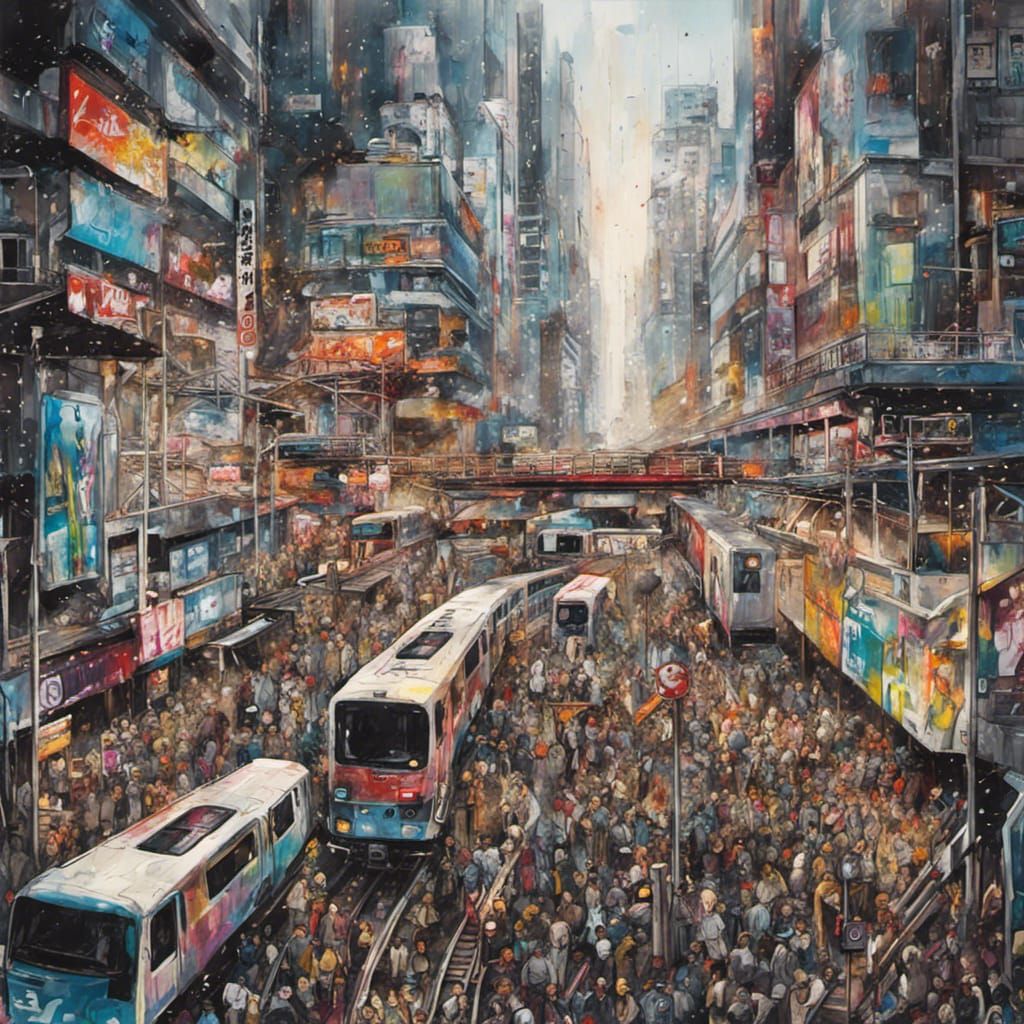 Crowded Shinjuku Station in Graffiti Art Style