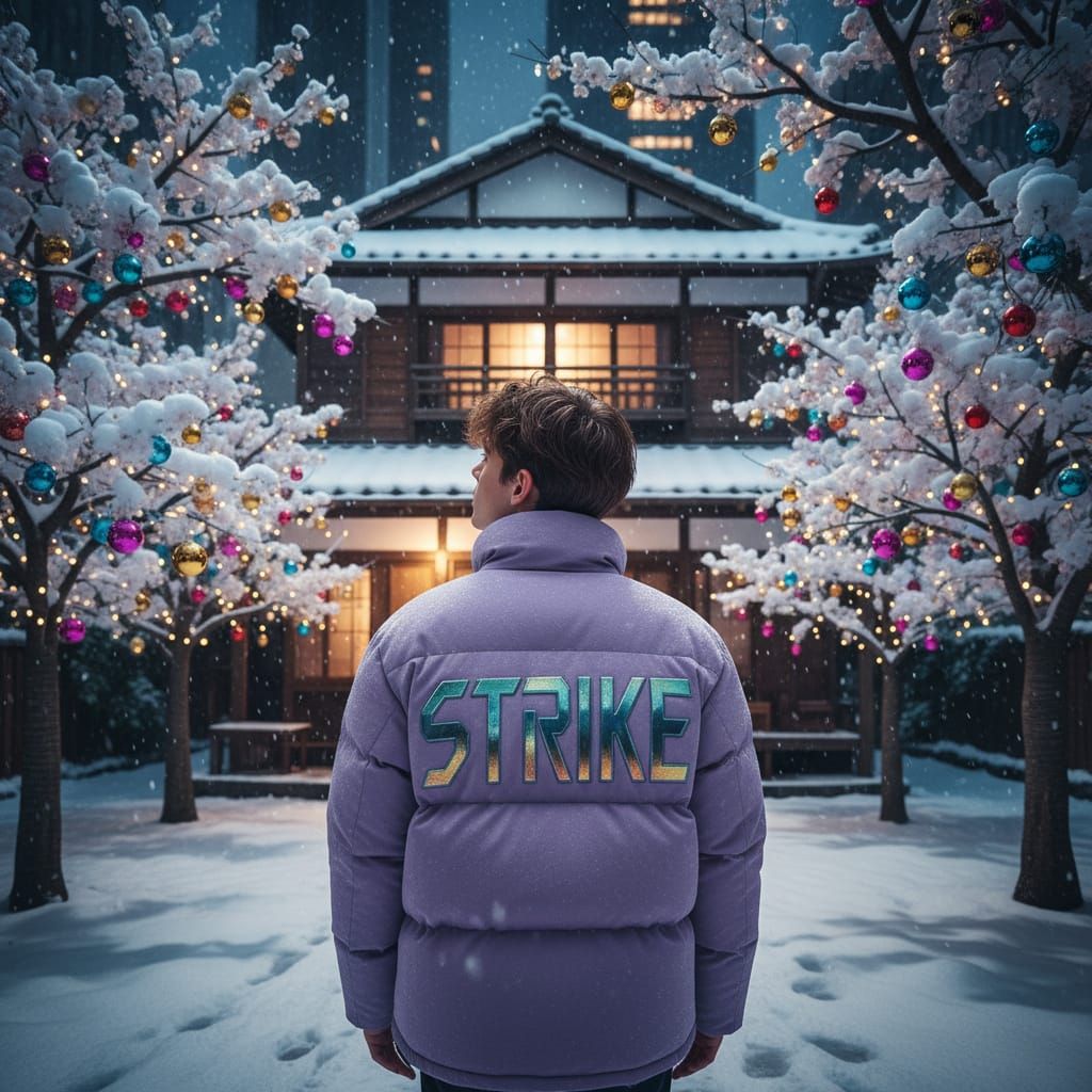 Realistic Tokyo Winter House with Snowy Sakura and Man