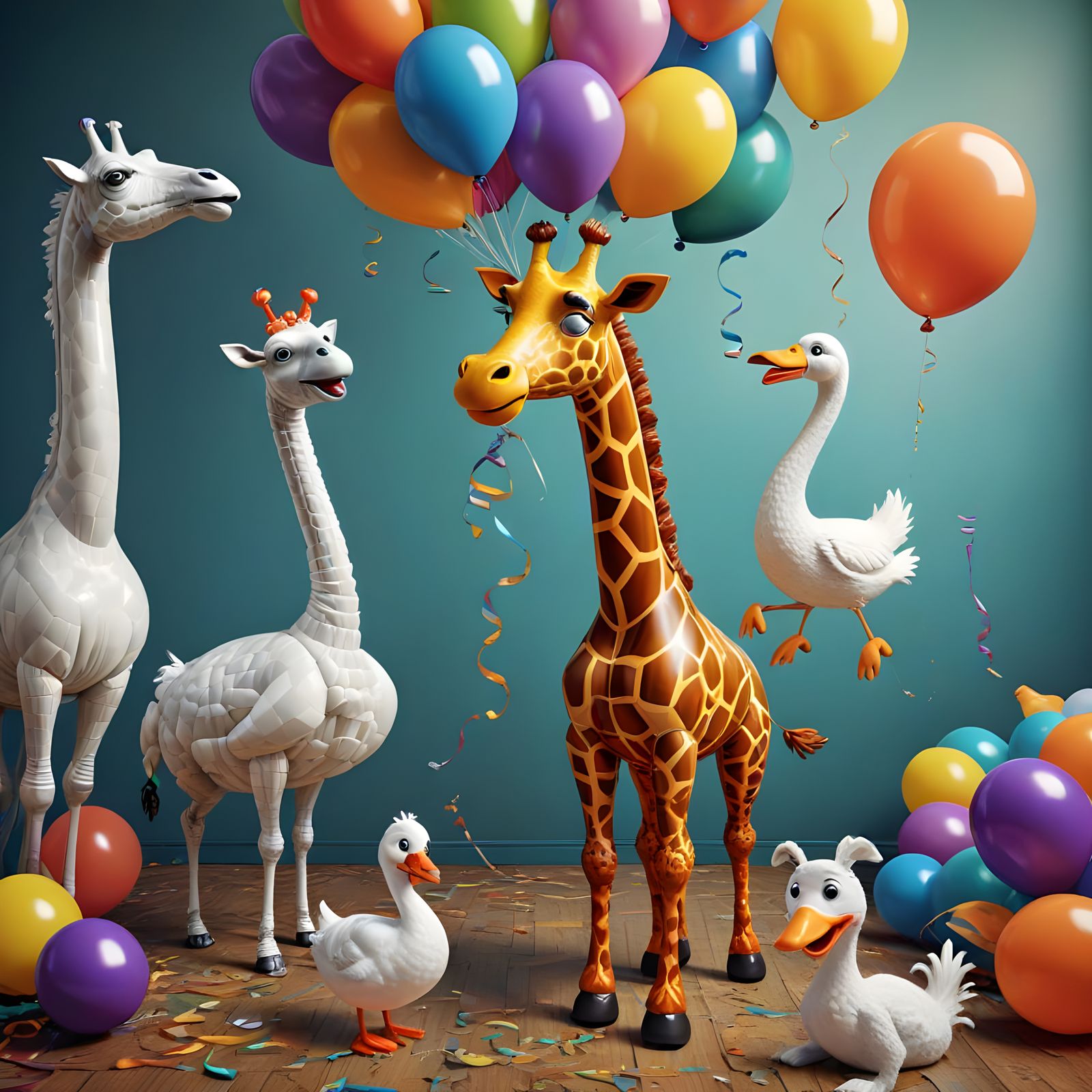 Vibrant Balloon Animals Escape in Joyful Chaos