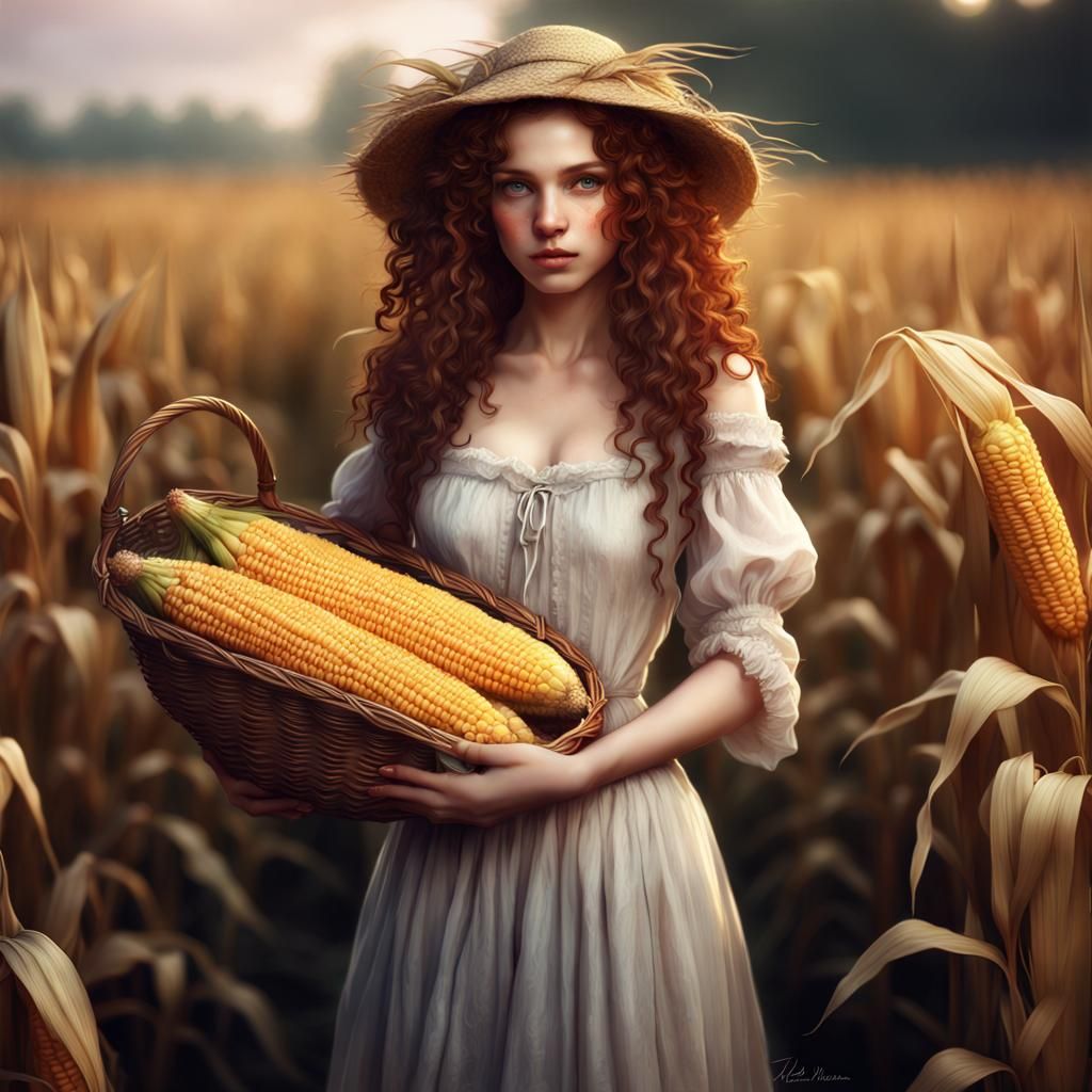 Maiden in Cornfield: Pre-Raphaelite Digital Art