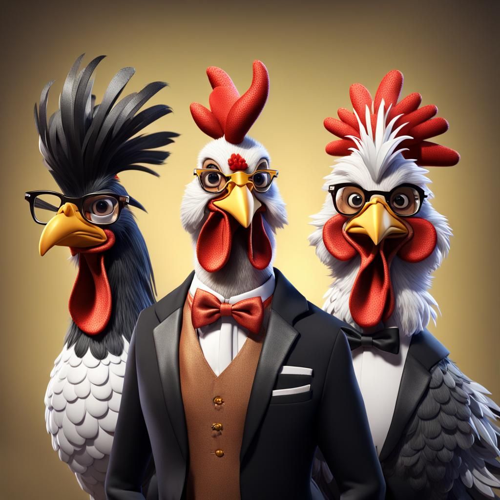 Cartoon Chickens and Rooster in Dresses and Tuxedo