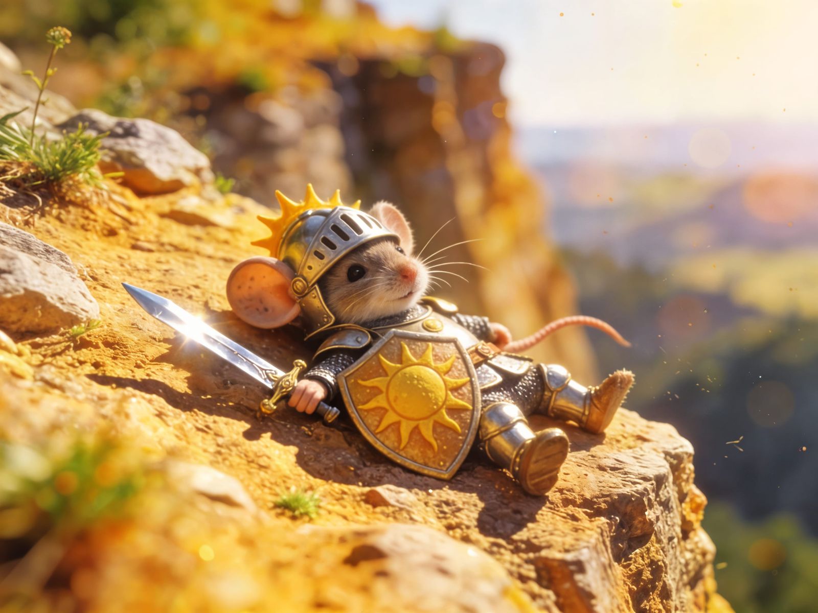 Exhausted Mouse Knight in Sun Armor on Sunny Cliff