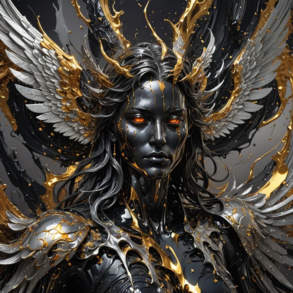 Obsidian Angel with Dripping Liquid Metal Wings