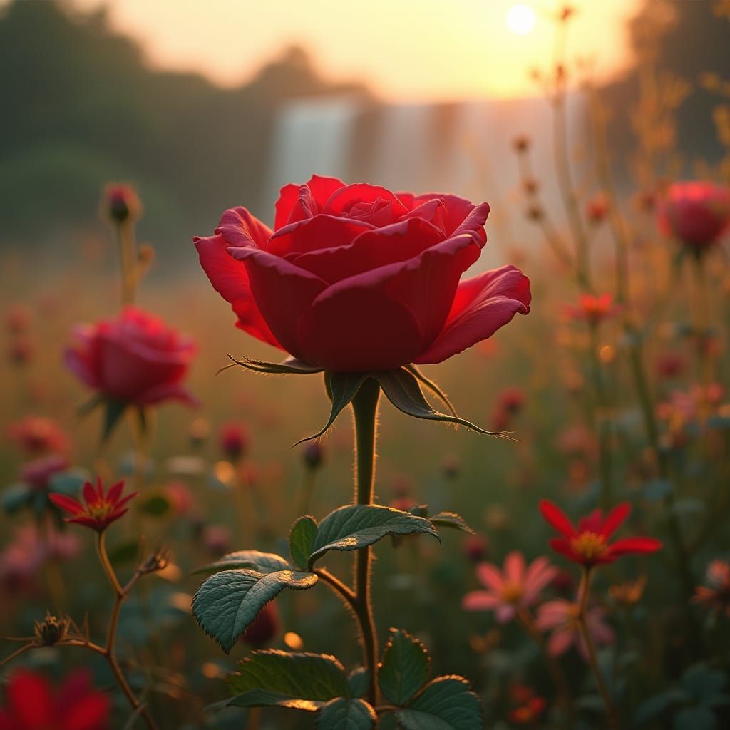 Velvety Red Rose Blooms in a Futuristic Meadow