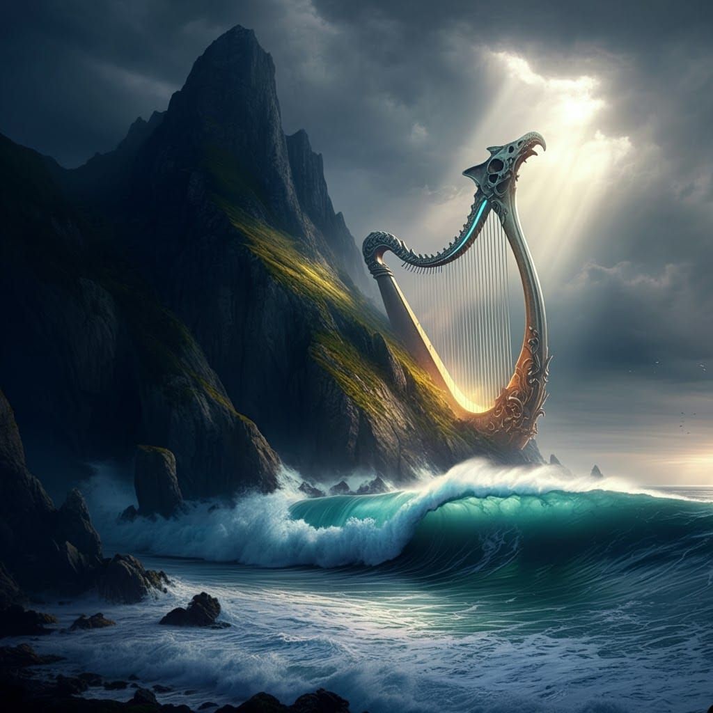 Magical Harp of Serpent Bones on Dramatic Cliff