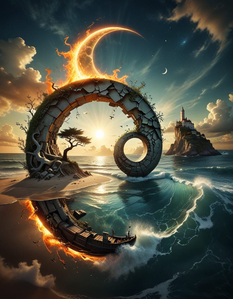 Surreal Cosmic Scene with Ancient Bonsai and Lighthouses