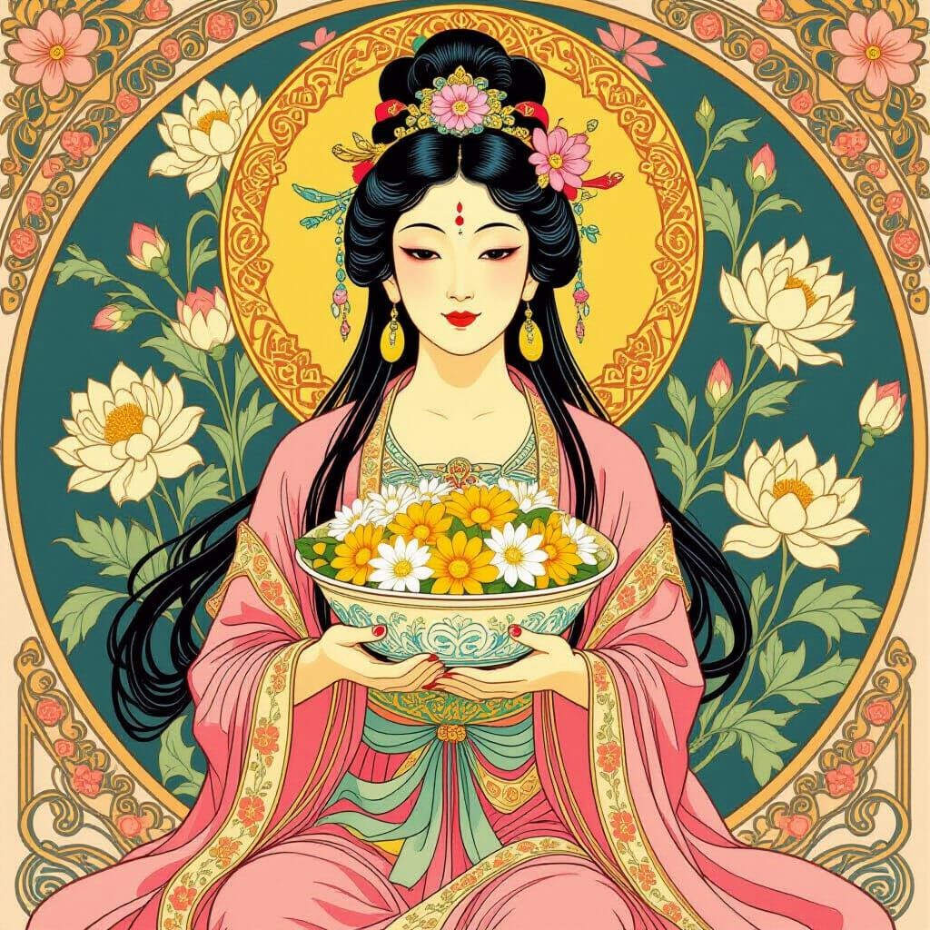 Kuan Yin with Flowers, in Art Nouveau Style