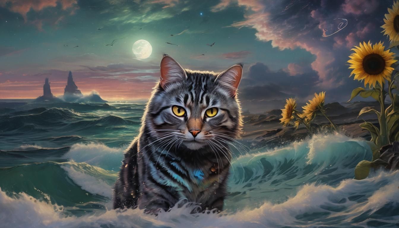 Cat Surfing Ocean Waves in Cyberpunk Neon Style