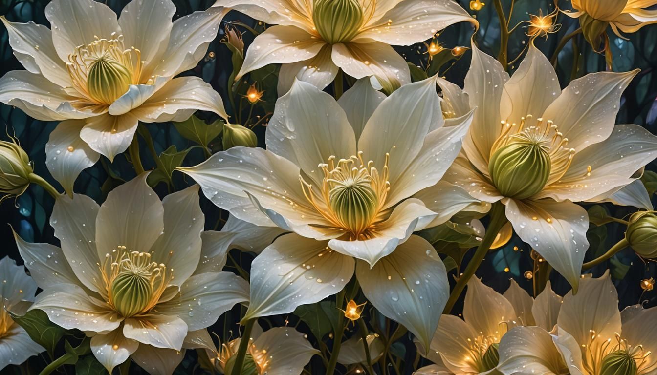 Glowing Moonflowers in Mystical Forest, Macro Oil Painting