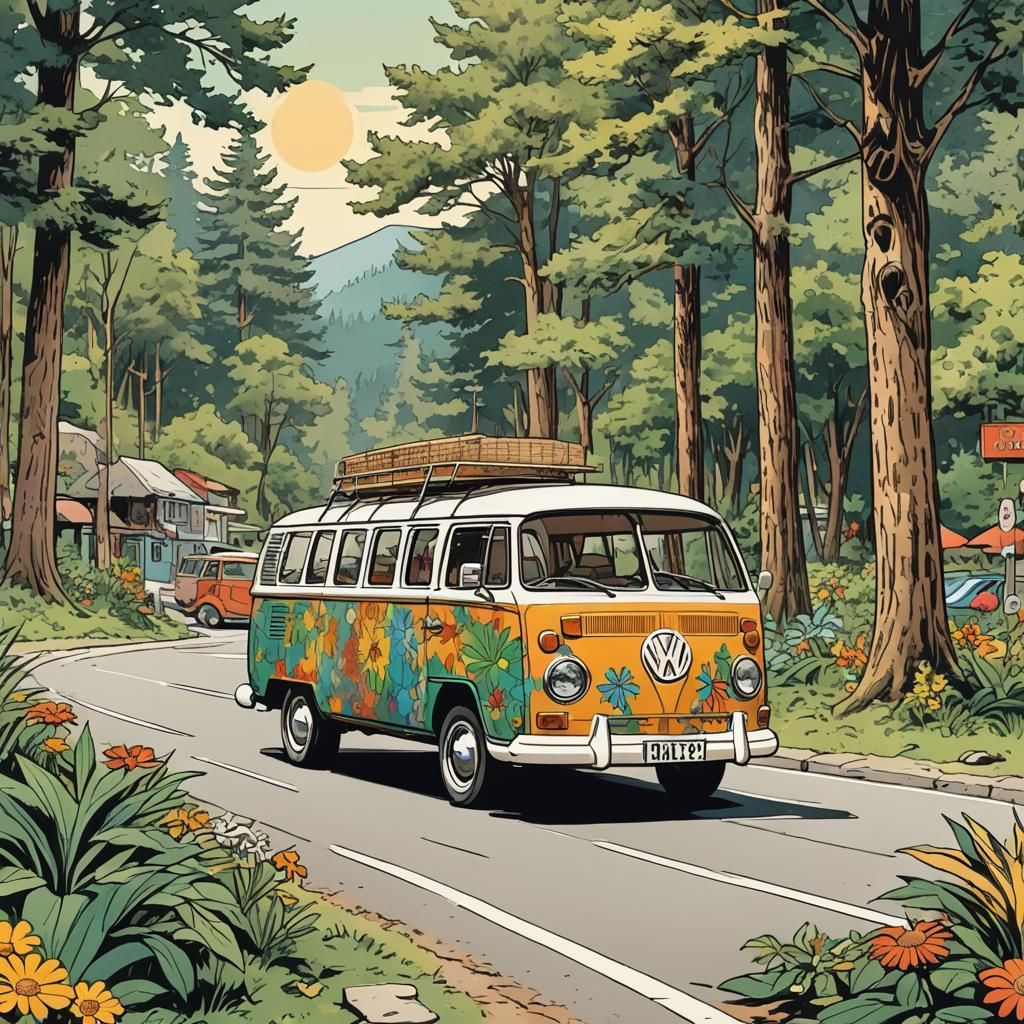 Volkswagen Combi Holiday Road Trip in Comic Style