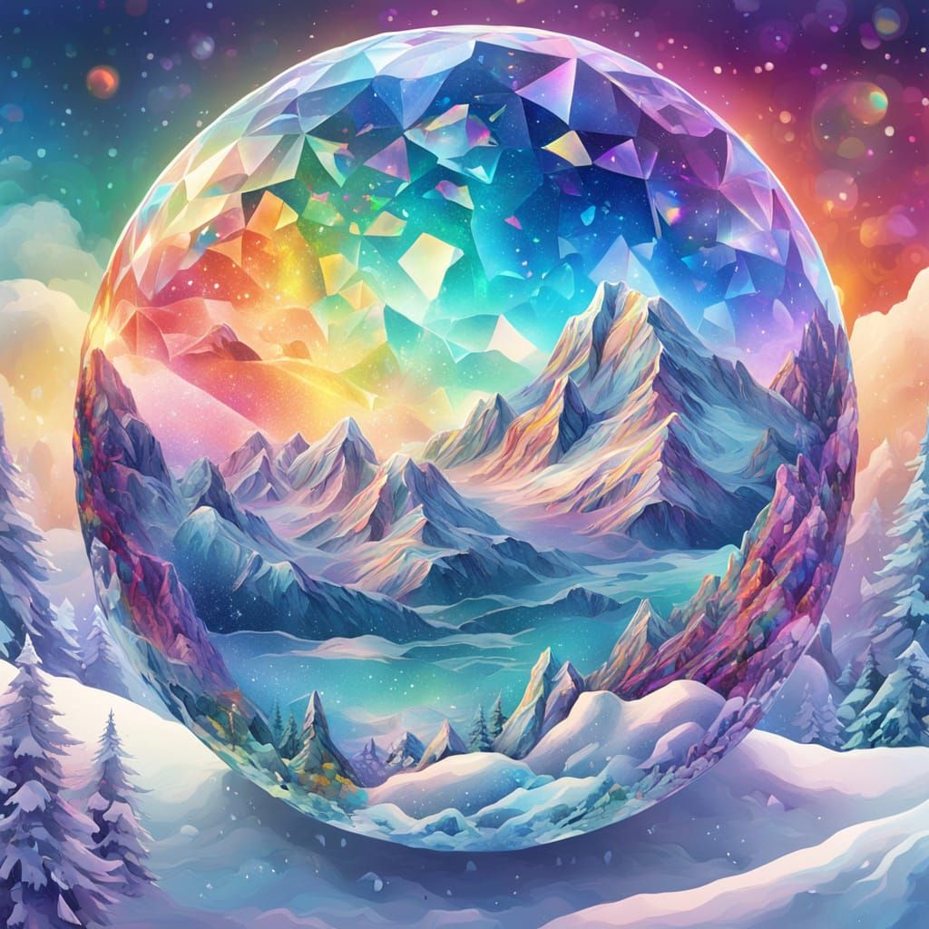 Vibrant Crystal Ball Hologram in a Snowy Cosmic Dreamscape