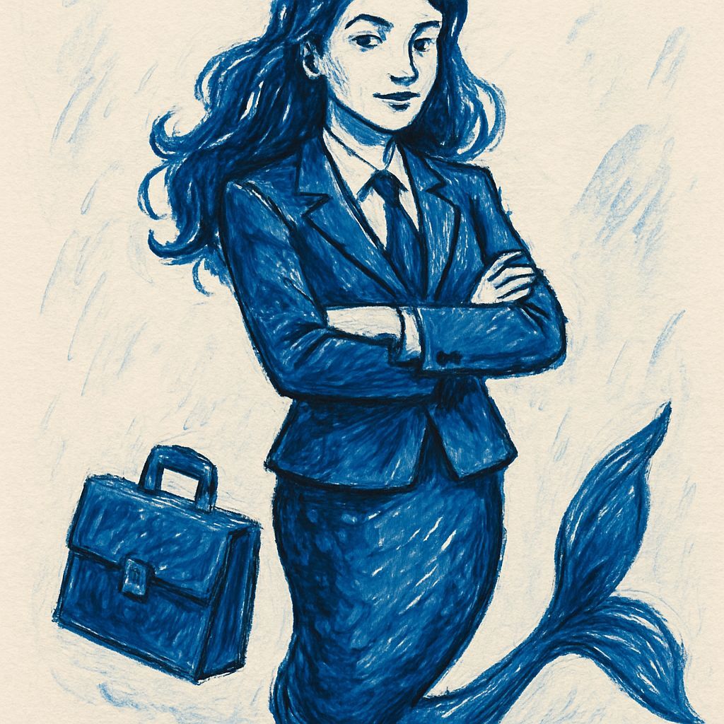 Business Mermaid Acrylic Pen Sketch Drawing