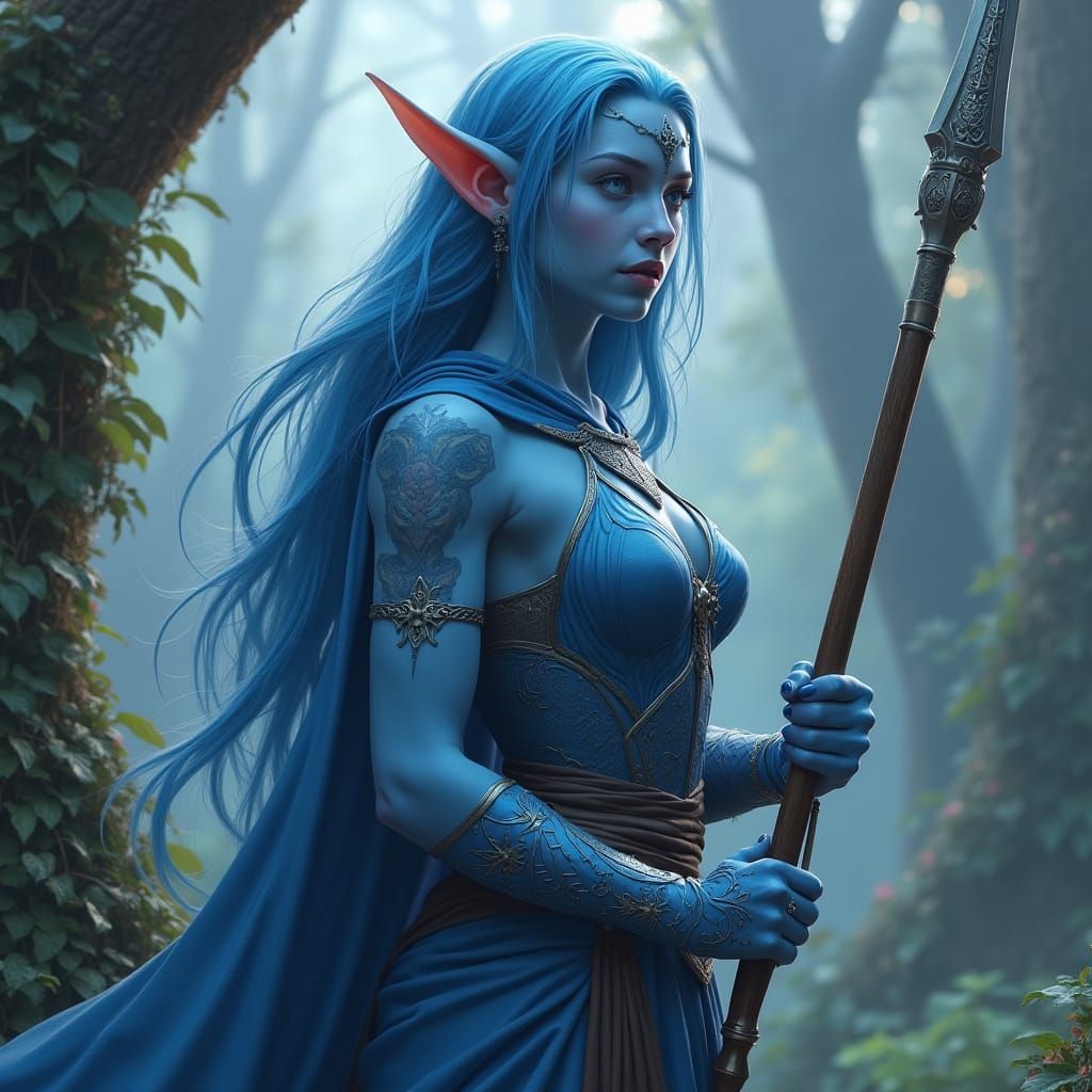 Blue-Skinned Elf Amazon in Taiga