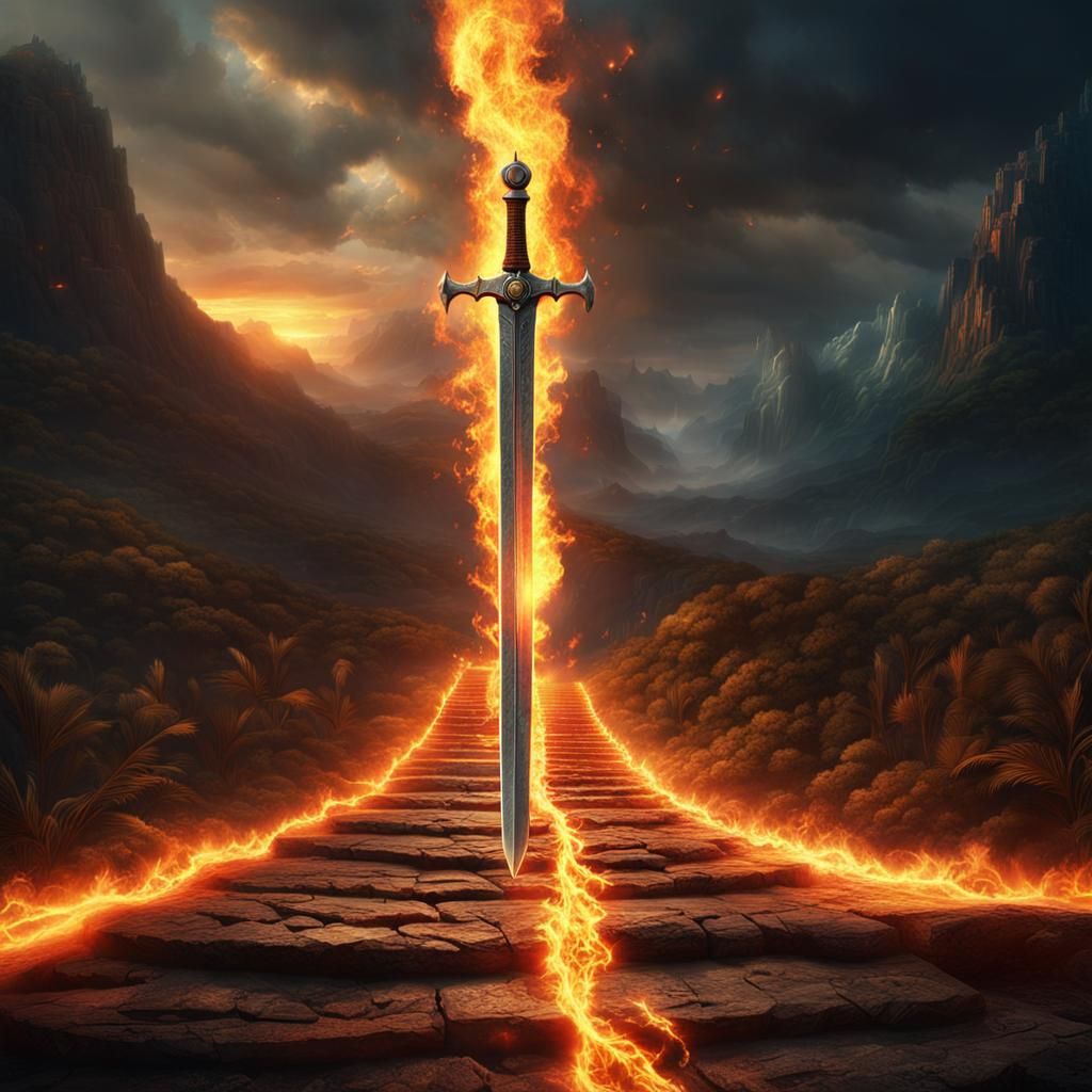 Flaming Sword with Fiery Trail, Digital Matte Painting