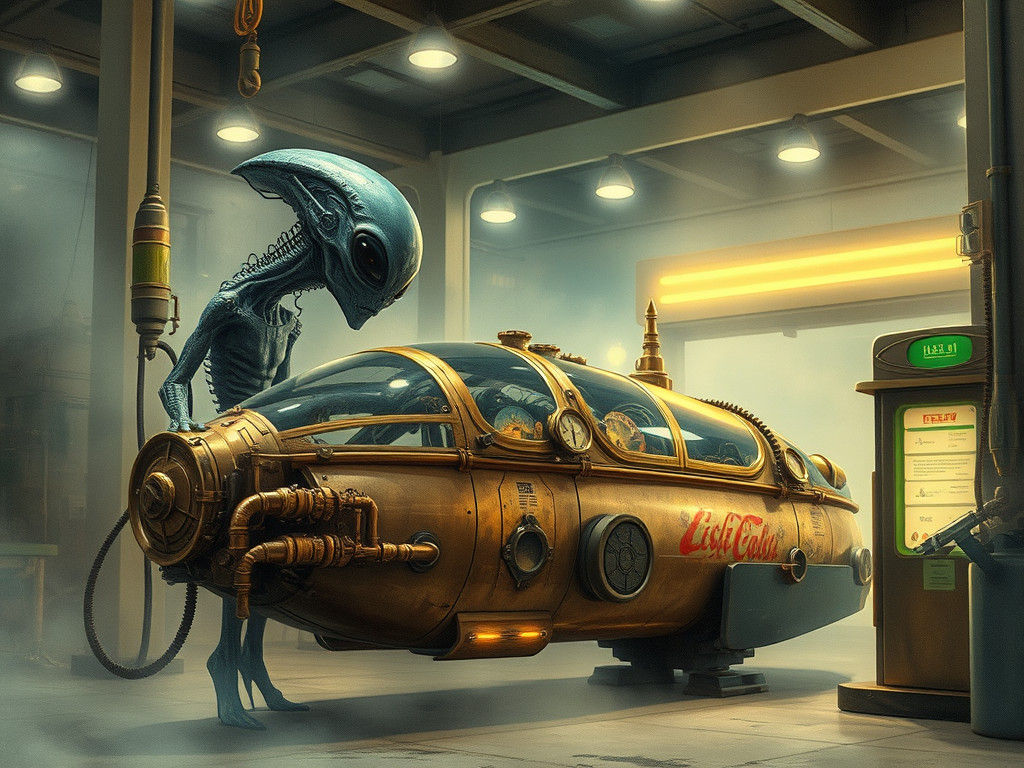 Steampunk Alien Refuels Vehicle in Dreamlike Gas Station