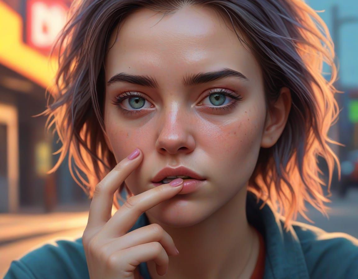 Enigmatic Young Woman Ponders Self-Confidence in Hyperrealis...