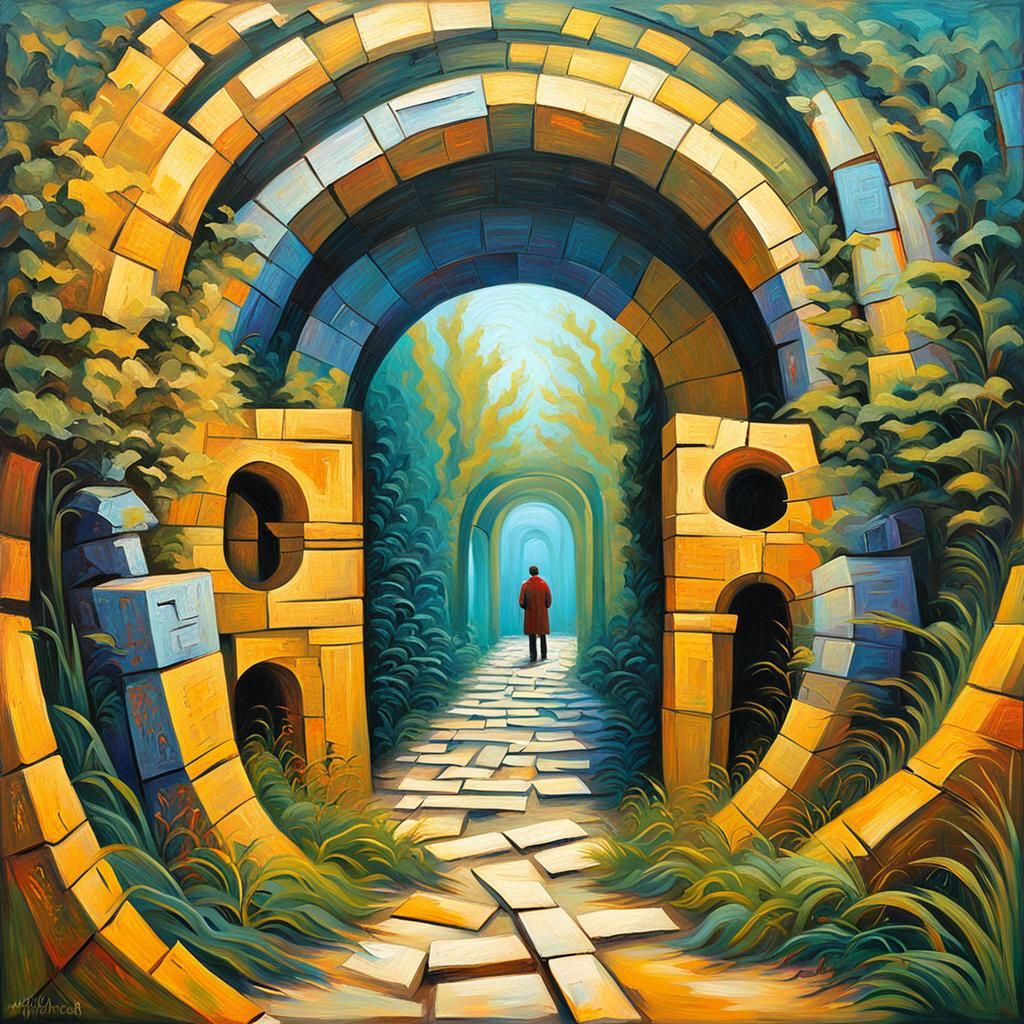 Traveler at Labyrinth Entrance in Expressionist Style