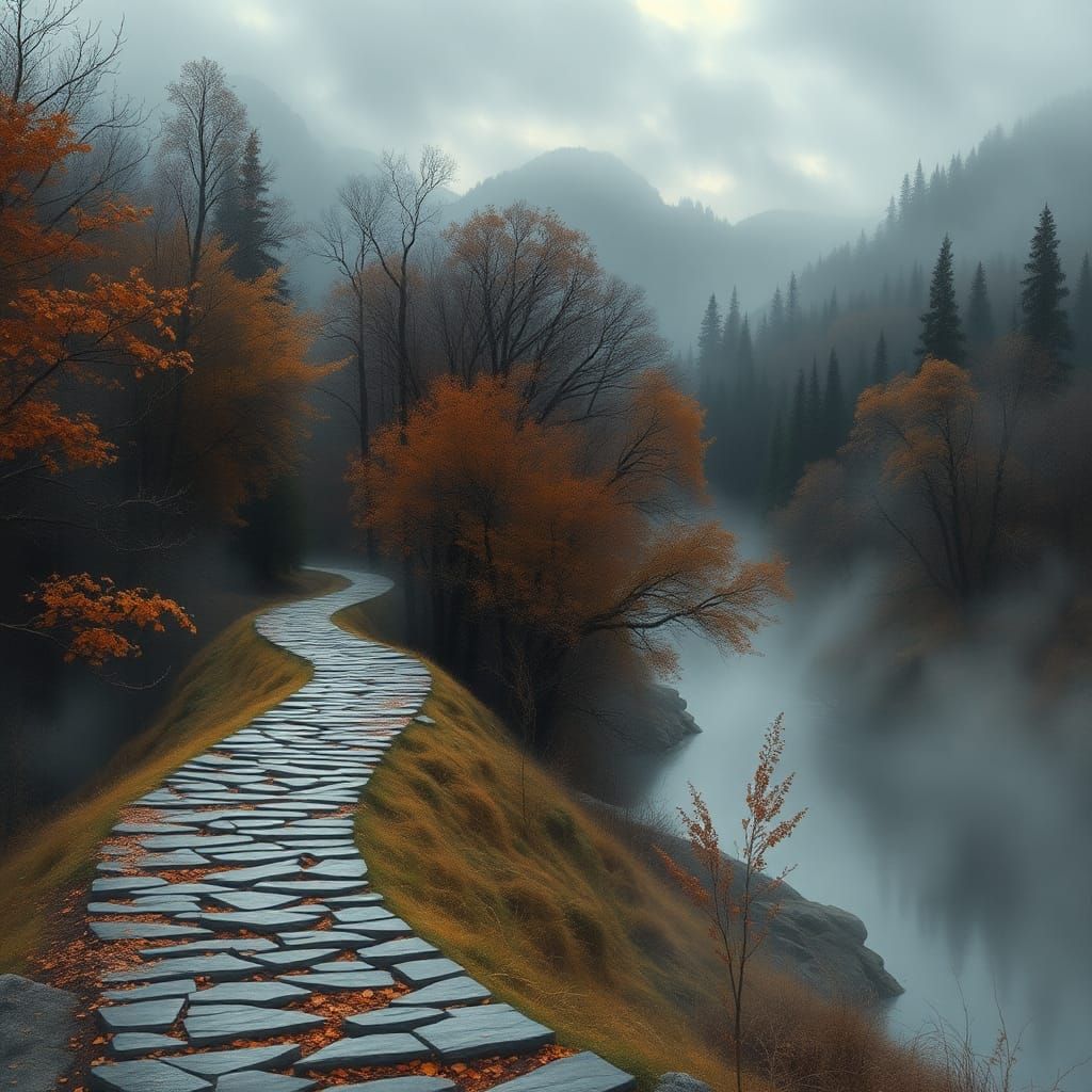 Misty Forest Path Becomes River Bridge in Watercolor