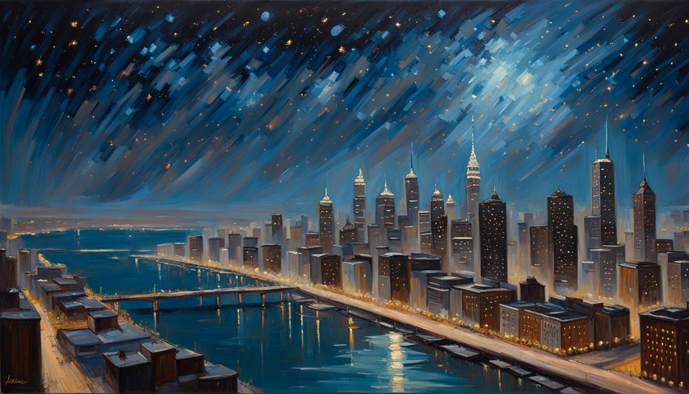 Night Cityscape Oil Painting Under Starry Sky