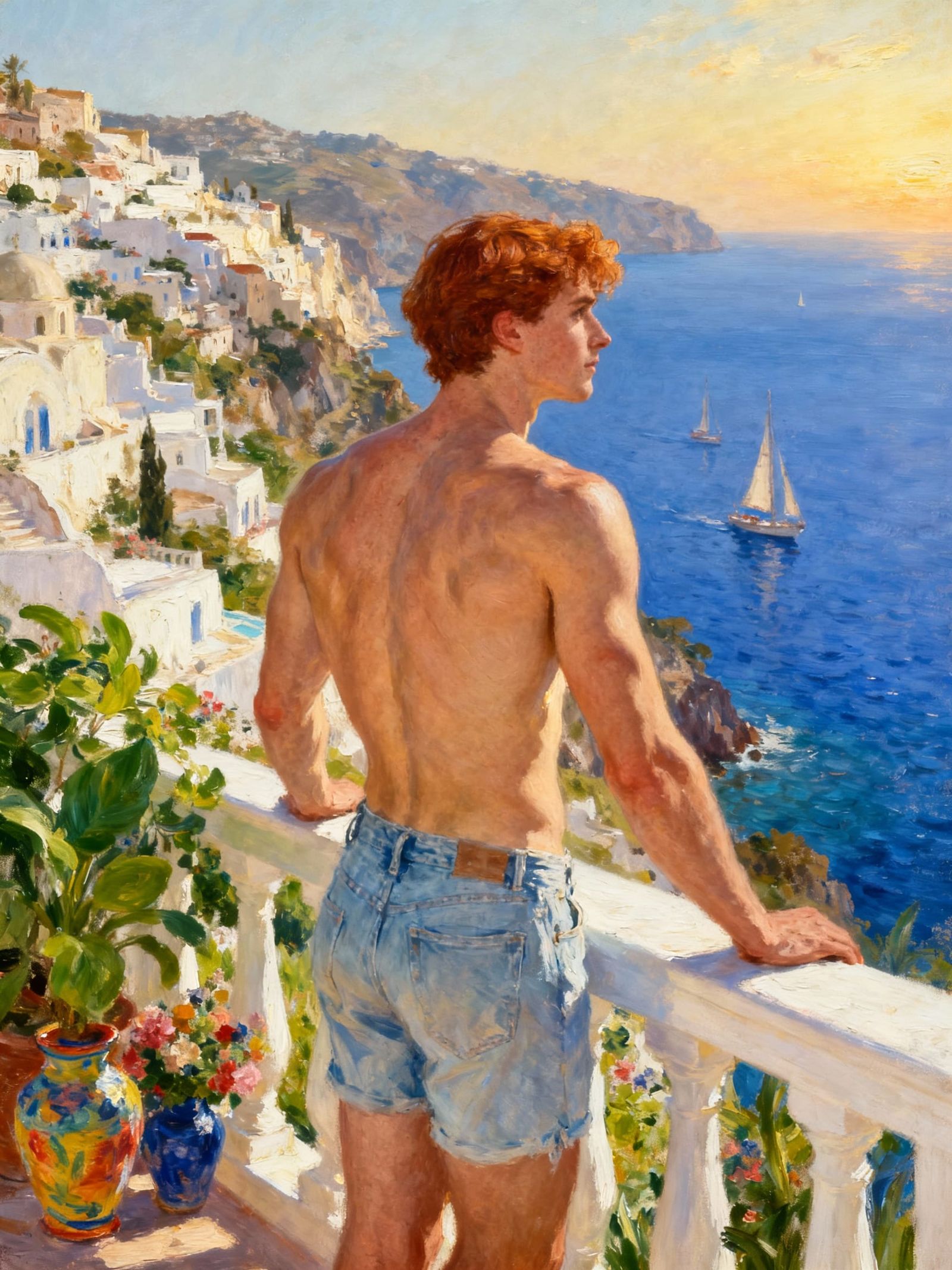 Man Gazes at Greek Island Town at Golden Hour