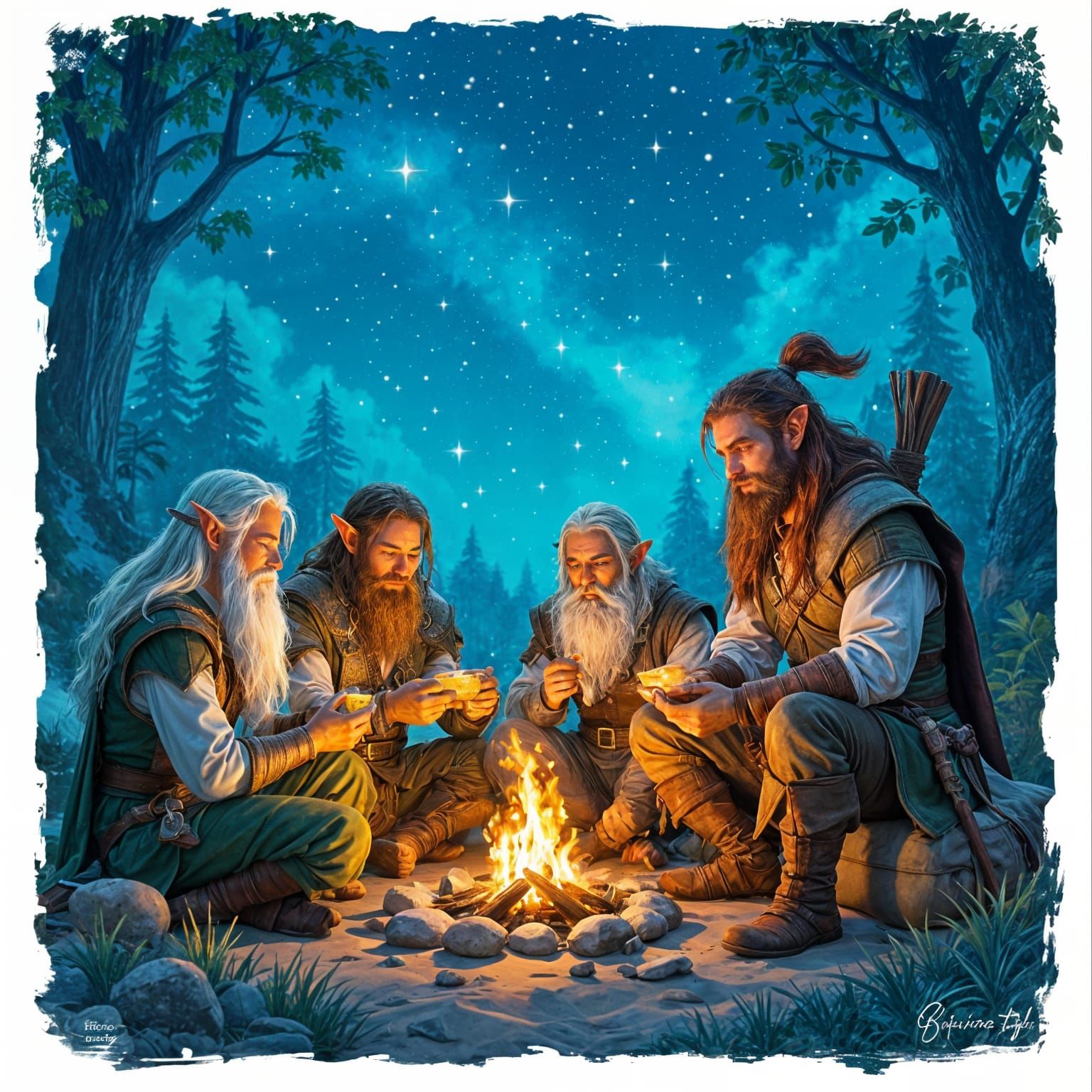 Fantasy Characters Share Stories Around Campfire