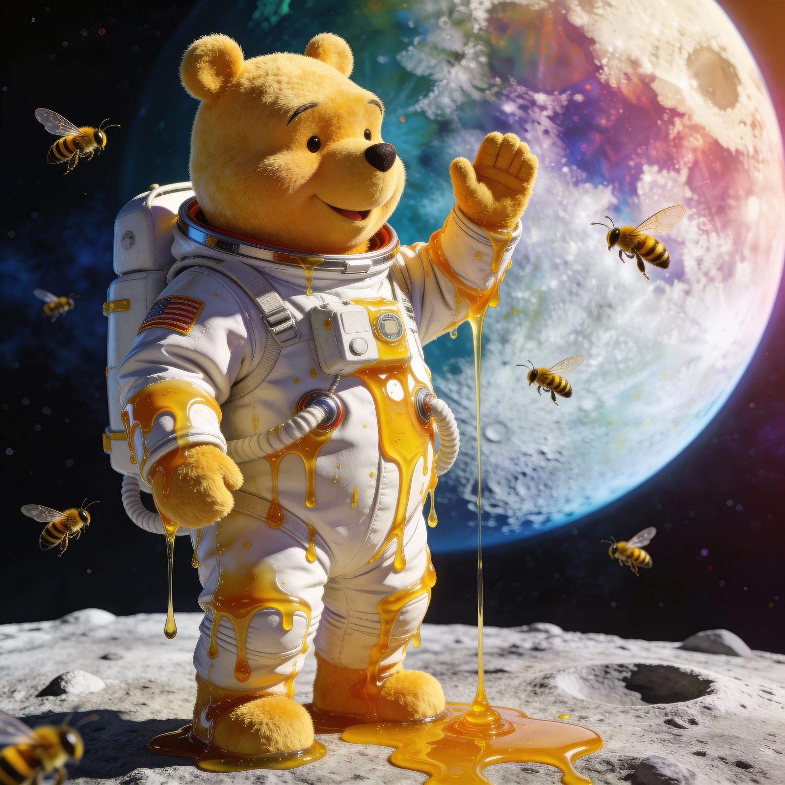 Winnie the Pooh on Moon Landing, Honey Drips, Bees Buzzing