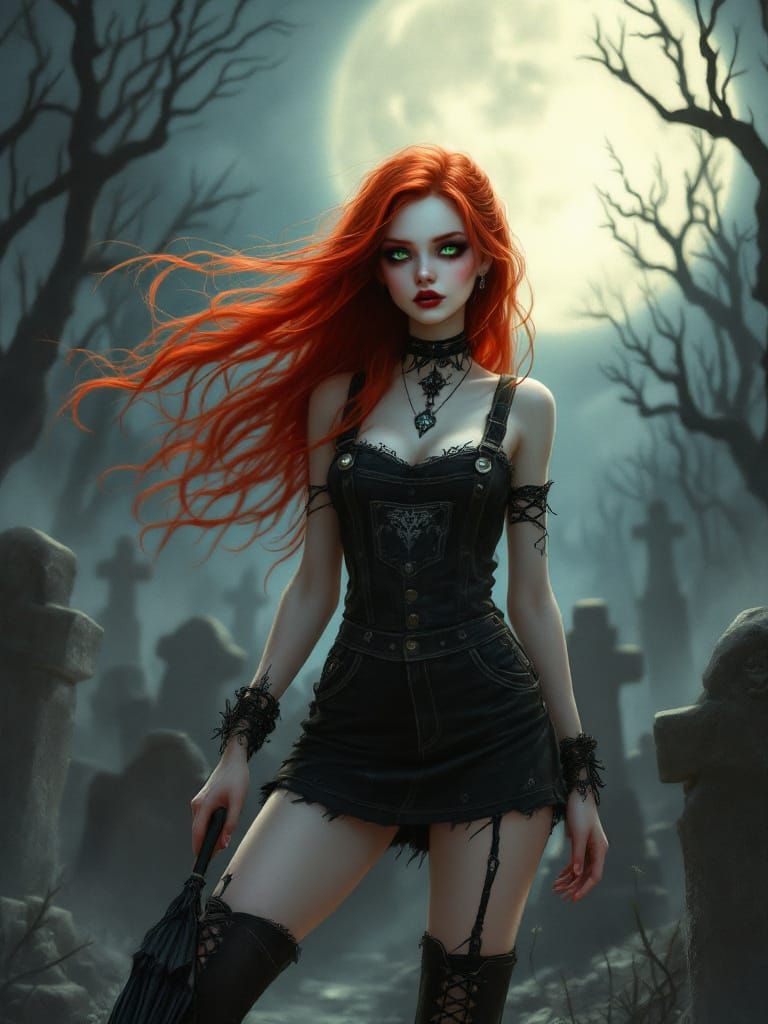 Gothic Young Woman in Moonlit Graveyard