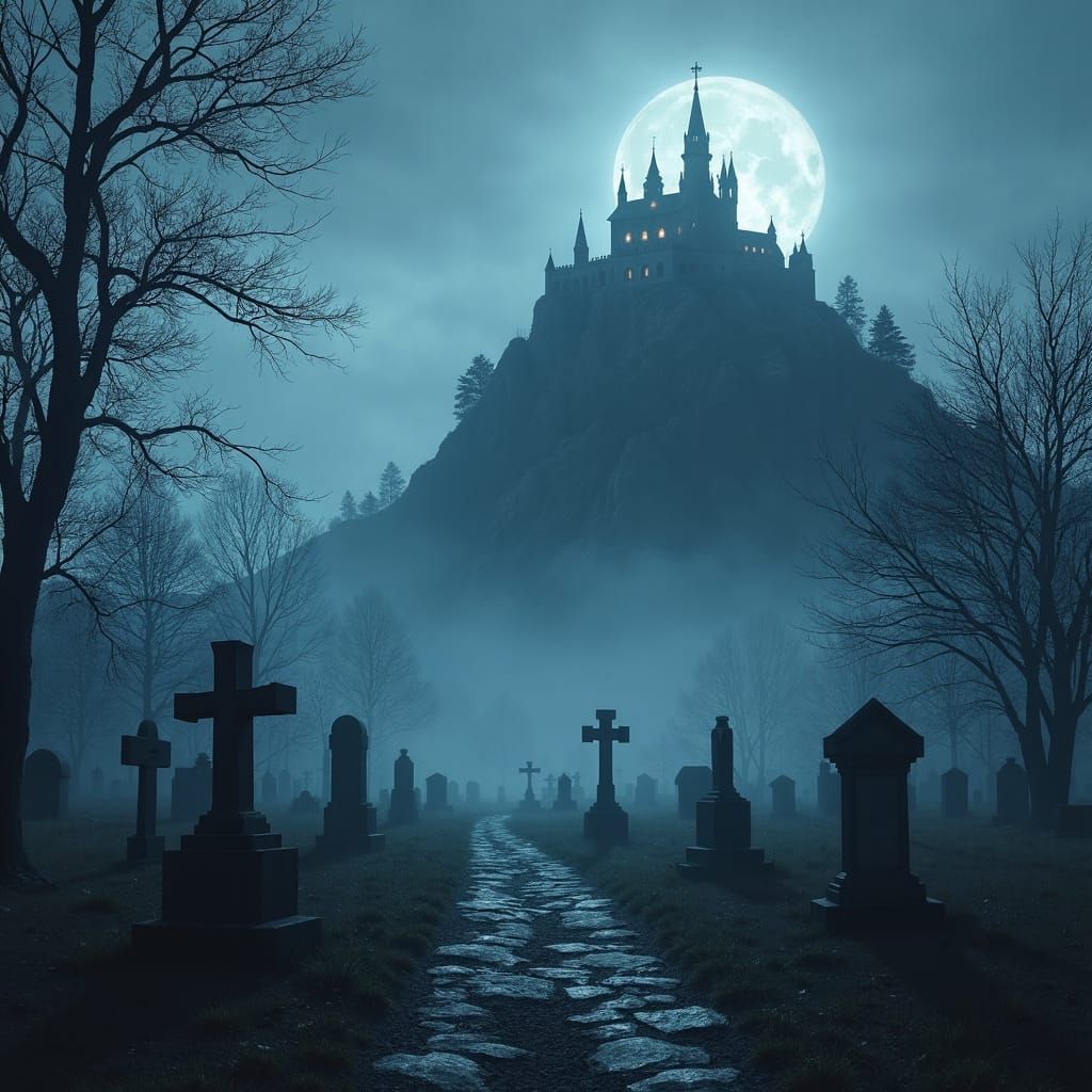 Spooky Cemetery and Horror Castle in Fog
