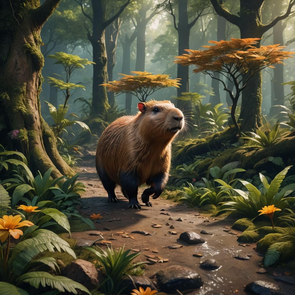 Cute Capybara in Beautiful Forest: Detailed Matte Painting