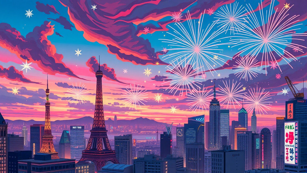 Whimsical Cityscape with Fireworks in Ghibli Style