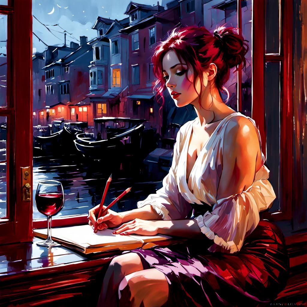 Watercolor Portrait of Woman with Rose