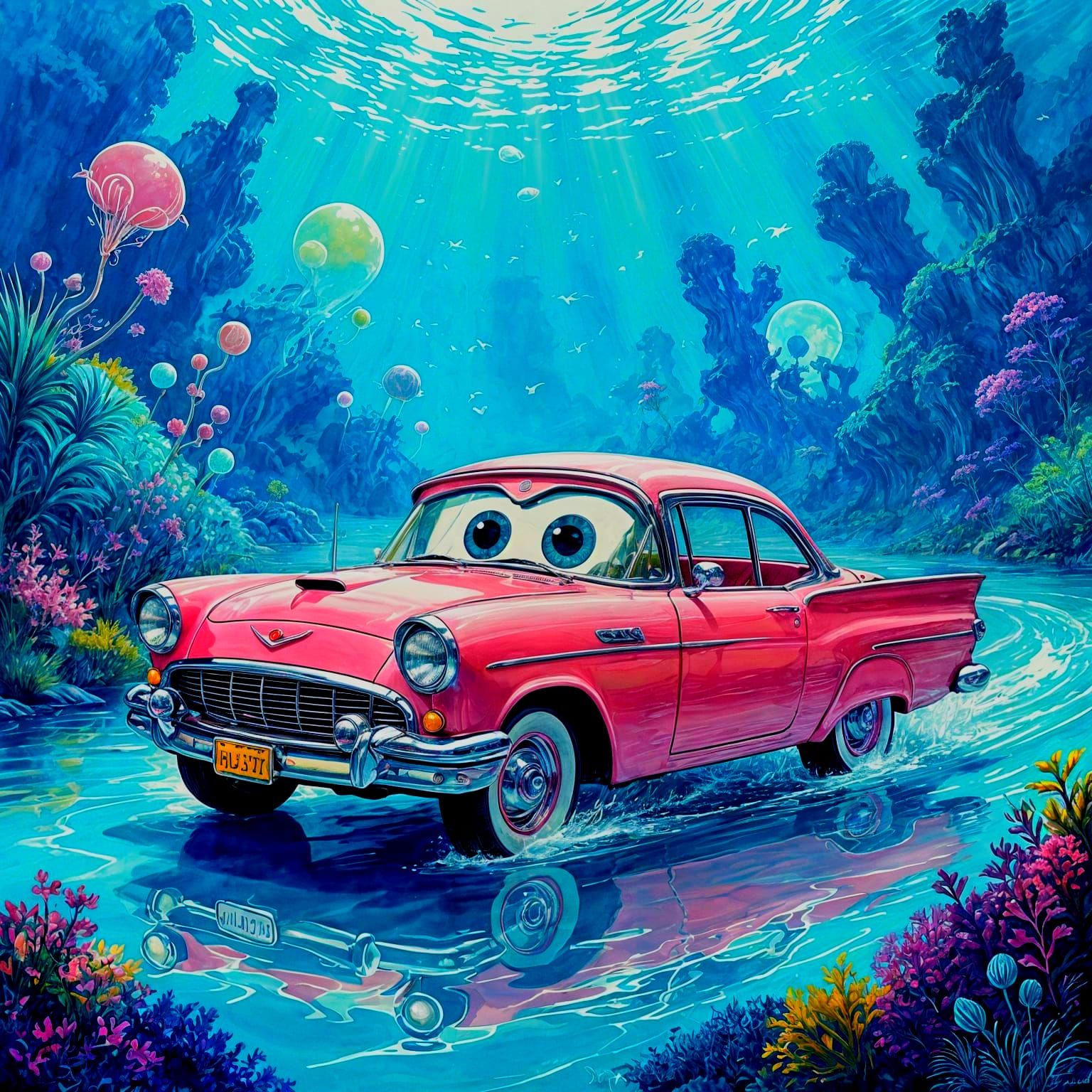 Whimsical Car Explores Alien Ocean in Watercolor Style