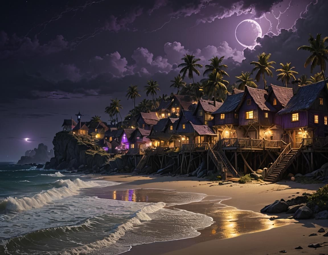 Hurricane Winds Batter Beach Village: Dark Fantasy Art